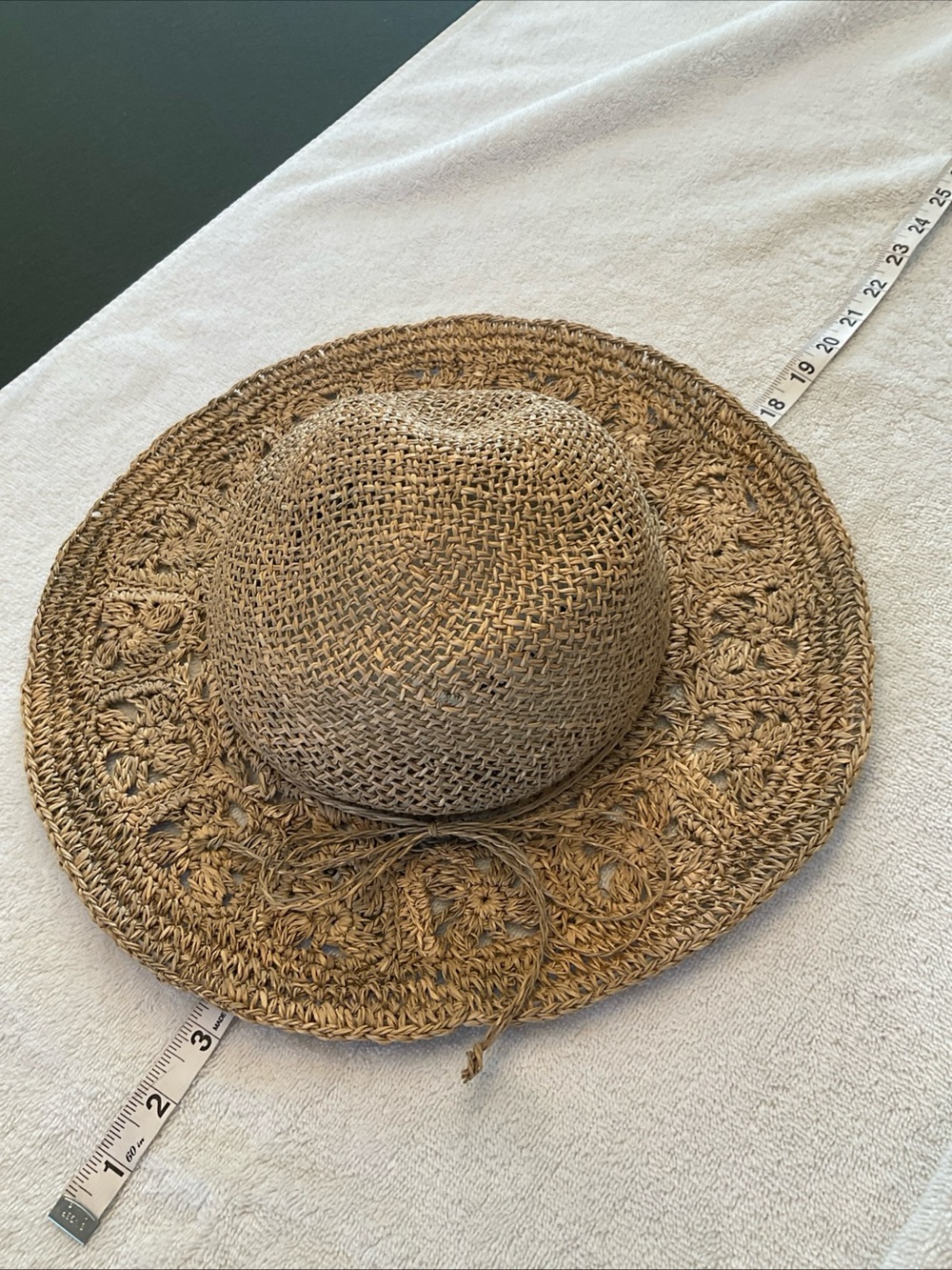 Natural Brown Crochet Straw Sun Hat with Tie